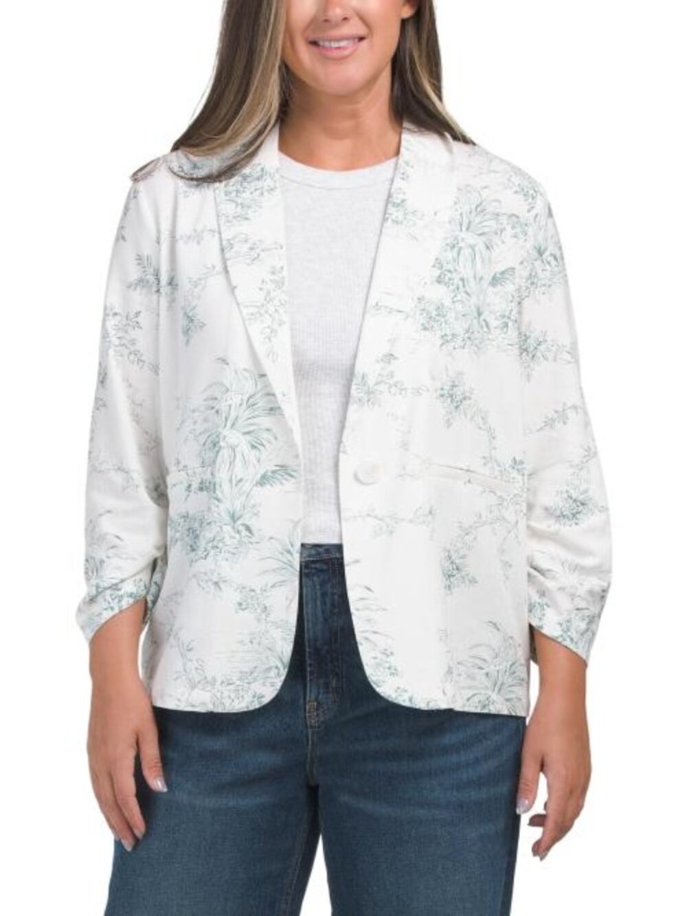GEMMA+ JANE Linen Blend Printed Ruched Sleeve Blazer